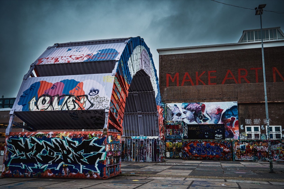 Painted containers and the Make Art Not € warehouse at NDSM