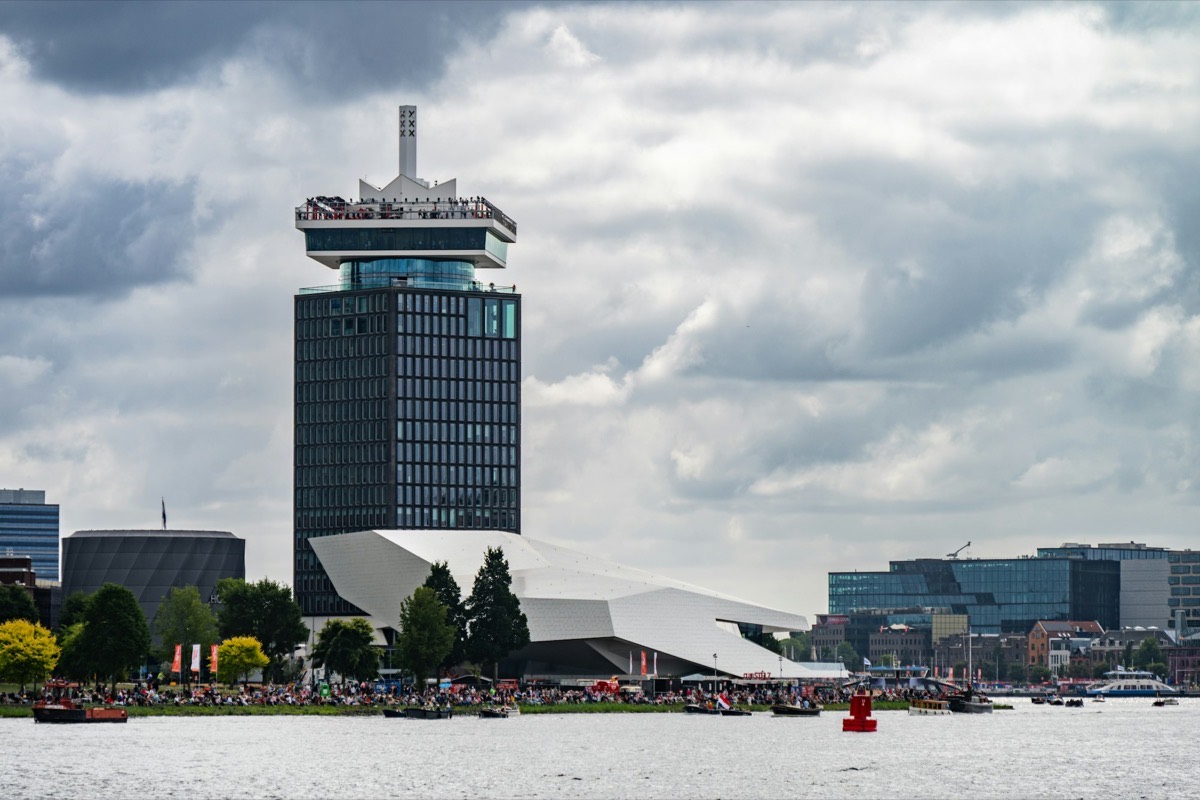 The A'DAM Tower and the EYE Filmmuseum seen from across the IJ