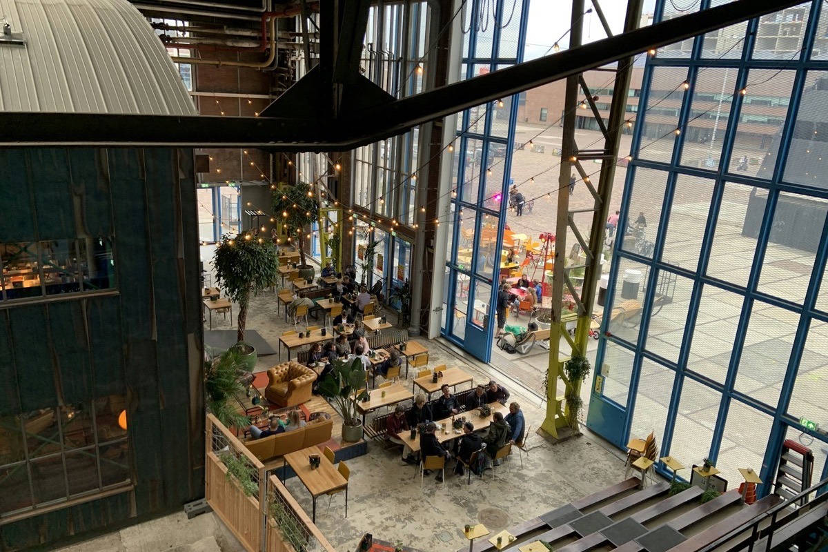A former industrial hall turned into a café and workspace
