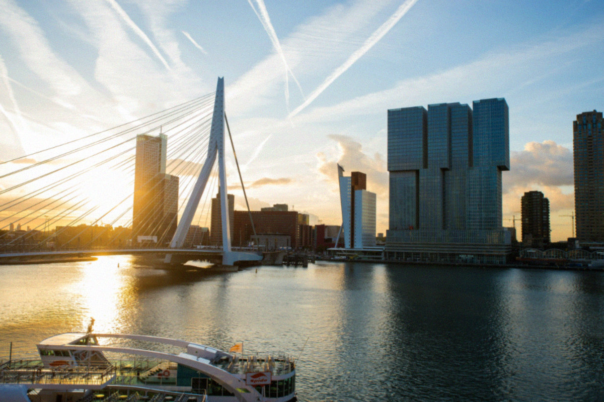 Rotterdam skyline and Erasmus Bridge from the waterfront
