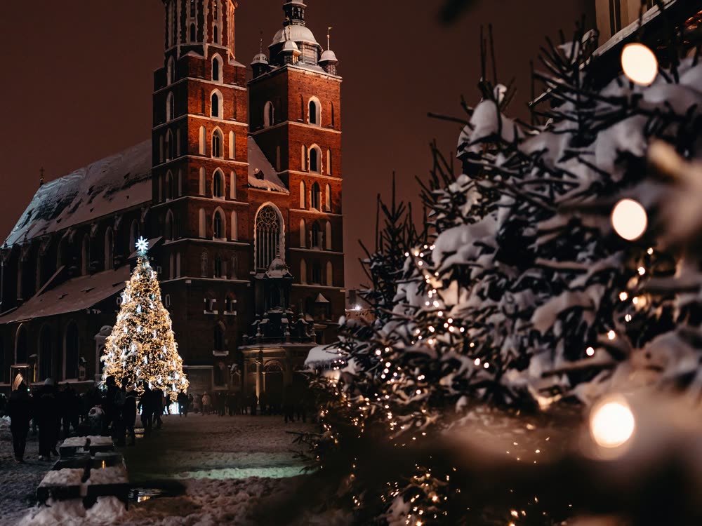 St Mary's Basilica in Kraków on a snowy night
